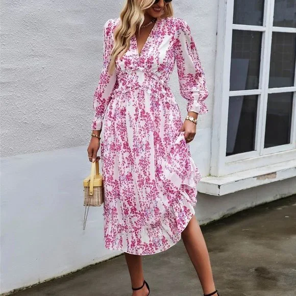 Pink Boho Womens Floral Print Flounce Sleeve Ruffle Hem Dress - Picture 3 of 5